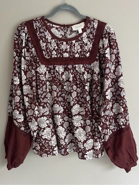 Cleobella Rafia Crochet Lace Brown White Floral Blouse size large